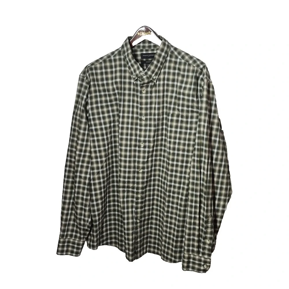 Banana Republic Shirt Mens 2XL Green‎ Plaid Untucked Fit Long Sleeve Organic